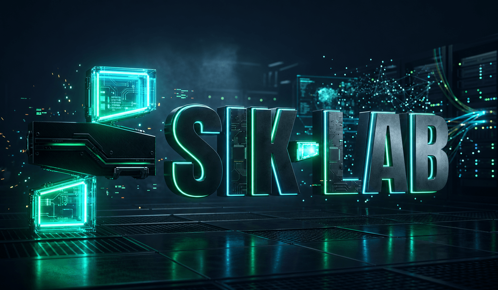 Composição abstrata com fitas geométricas verdes neon sobre fundo verde-escuro, ao estilo da identidade SIK-LAB